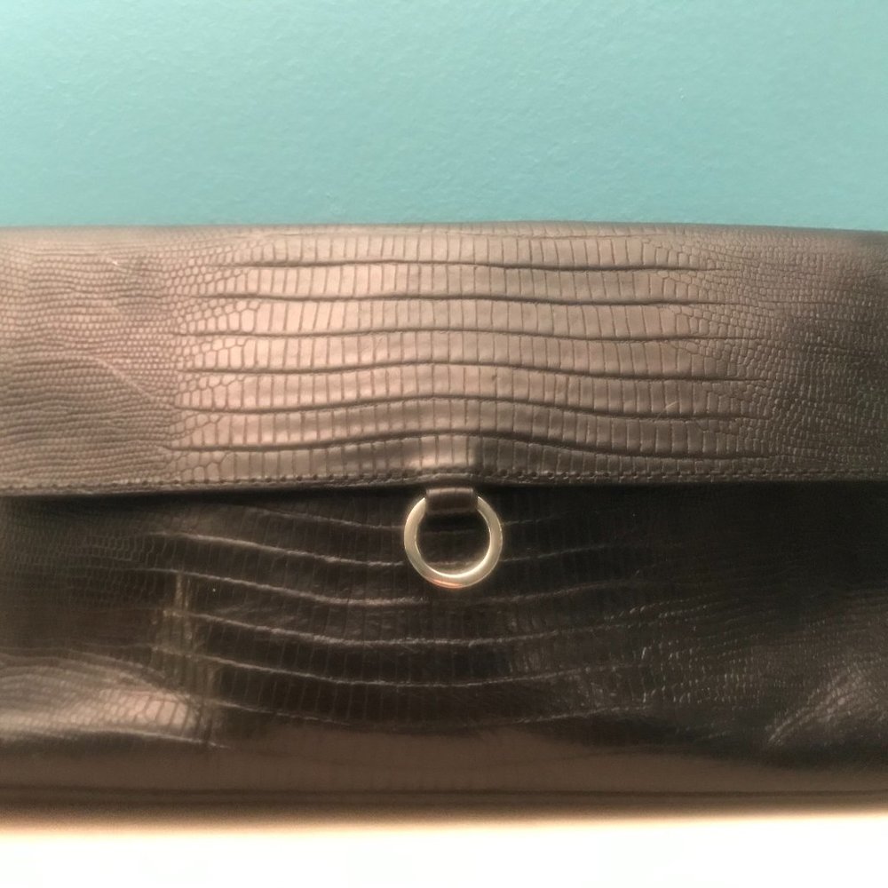 BLACK GENUINE LEATHER CROC EMBOSSED CLUTCH